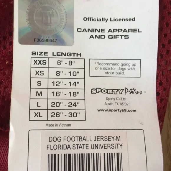 New Doggie Florida State Seminoles Jersey Stretchy Liteweight Size Med 16-18” - Picture 5 of 6